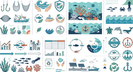 Marine Conservation Infographic Vector Collection Featuring Ocean Ecosystems, Sustainable Fishing, Coral Reefs And Environmental Protection Elements. © Sagor