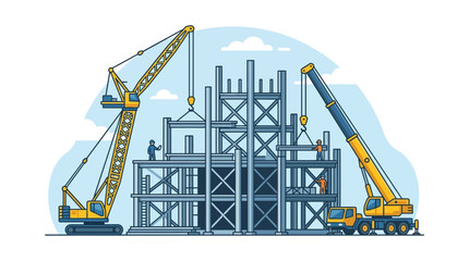 Cranes at construction site lifting beams. © Awaludin