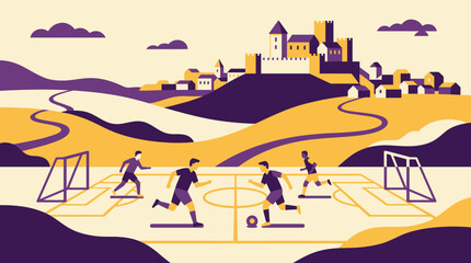 Naklejka premium Stylized illustration of a soccer game played in a picturesque village setting