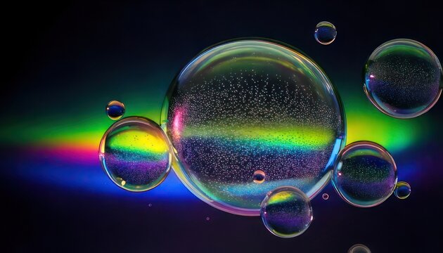 Iridescent Soap Bubbles Floating Against a Dark Background with Rainbow Reflections.