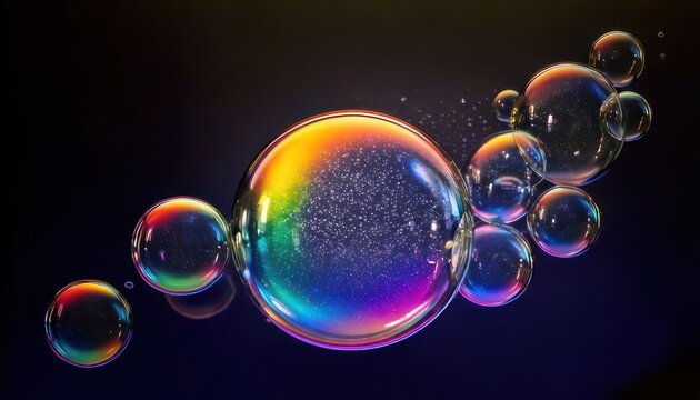 Iridescent Soap Bubbles Floating in Darkness - A Symphony of Colors and Light.