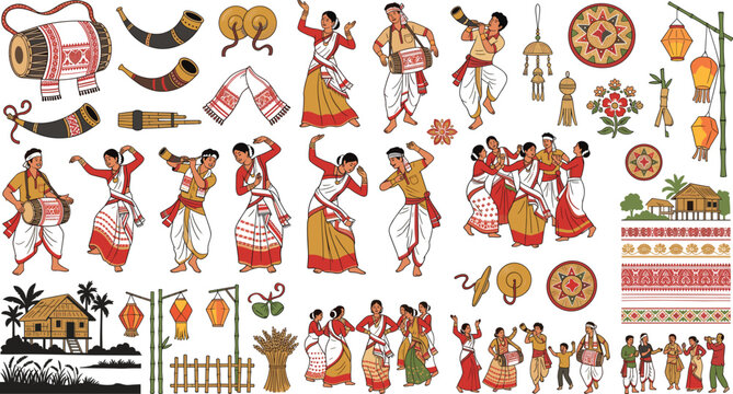 Traditional Assamese Bihu Festival Vector Collection Featuring Folk Dancers, Musical Instruments And Cultural Celebration Elements.