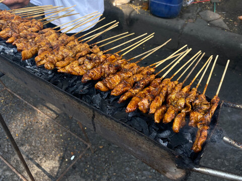 Grill chicken satay with charcoal, street food in Indonesia