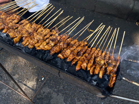 Grill chicken satay with charcoal, street food in Indonesia