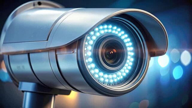 A modern security camera monitors a dark area at night time