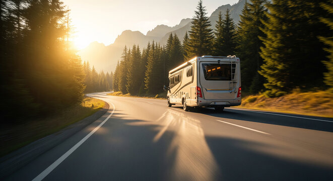 A motorhome driving into a bright golden sunset on a spectacular mountain highway, perfect for romantic road trips and vacation concepts