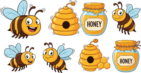Fototapeta premium Set of cute honey bee characters with beehives and honey jars in cartoon vector style for organic food branding and children designs