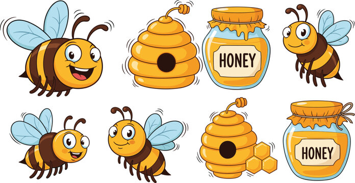 Set of cute honey bee characters with beehives and honey jars in cartoon vector style for organic food branding and children designs