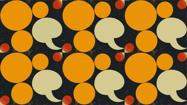 Retro geometric speech bubble pattern with orange circles and distressed dark background, seamless vintage pop art communication design
