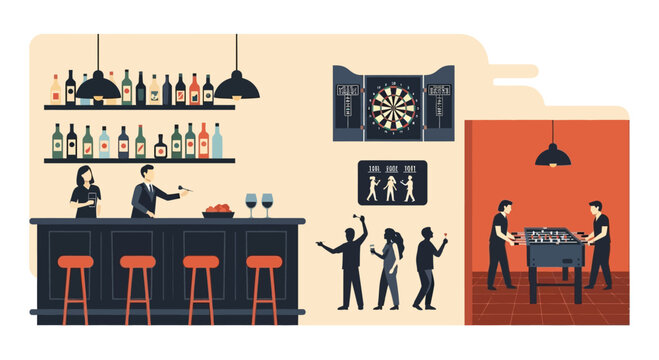 People enjoying various games and drinks in a lively bar setting.