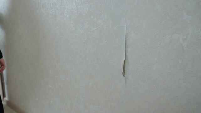 Women examine cracked wall apartment young occupants inspect vertical split in plaster near baseboard, textured wallpaper peeling, hesitant gestures and worried body language, moving boxes out