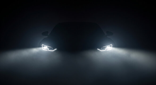 Mysterious car silhouette with glowing headlights hidden in deep fog, perfect for luxury car teasers and dark automotive design concepts