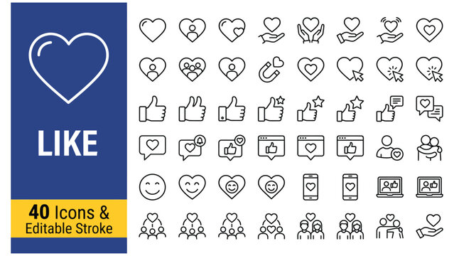 Like web icons in line style. Heart, thumb up, rating, social media, feedback, positive, appreciation, smile, collection. Vector illustration.
