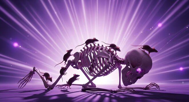 A dramatic illustration depicting a mouse skeleton surrounded by small mice and shimmering purple light, conveying a sense of mystical animation