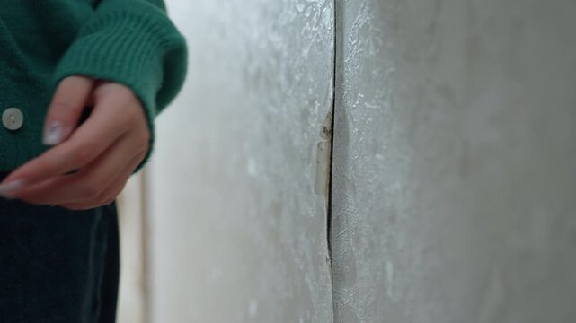 Woman in green sweater gently touches deep wall crack in narrow corridor, closeup of finger and textured plaster, documenting damage for inspection, careful mood, moving context with repair planning