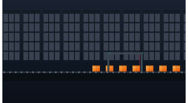 Automated warehouse conveyor belt with moving cargo animation
