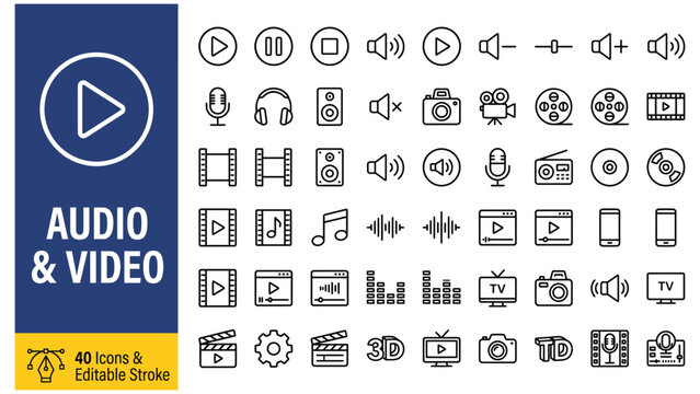 Audio and Video web icons in line style. Cinema, speaker, online, picture, play button, music, collection. Editable stroke. Vector illustration.
