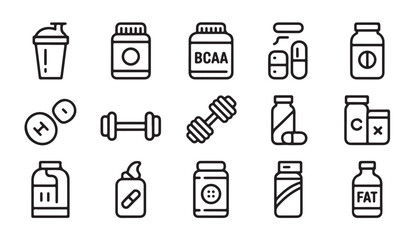 Fototapeta premium Nutrition supplement thin line icon set. sport drink, protein powder, bcaa, gainer, creatine.