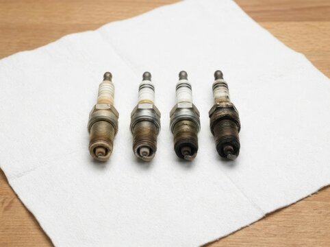 Four Used Spark Plugs Arranged in a Row on White Cloth Showing Progressive Electrode Wear