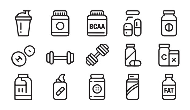Nutrition supplement thin line icon set. sport drink, protein powder, bcaa, gainer, creatine.