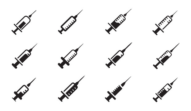 Set of various syringe icons for medical injections and vaccinations vector graphics.