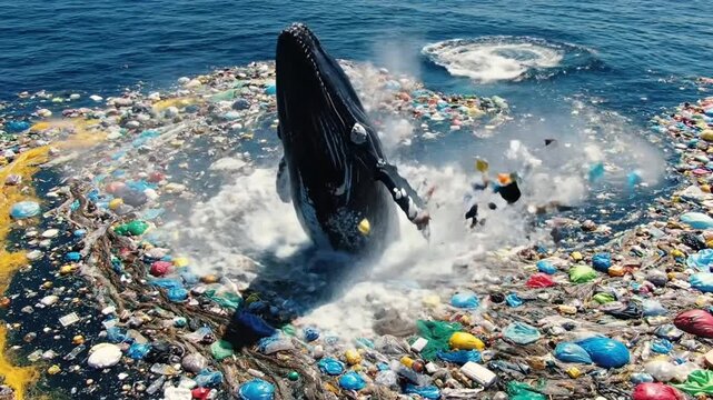 Vast ocean surface covered with colorful plastic garbage and marine debris