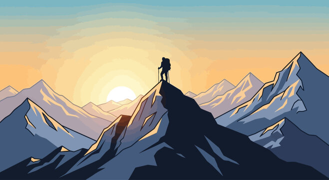 Solitary adventurer conquers mountain peak embracing the vastness.