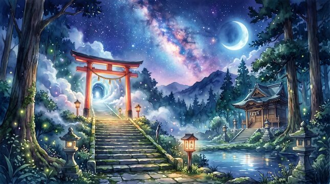 天の川と三日月が輝く夜の神社と鳥居 水彩画 Shinto shrine torii gate milky way watercolor