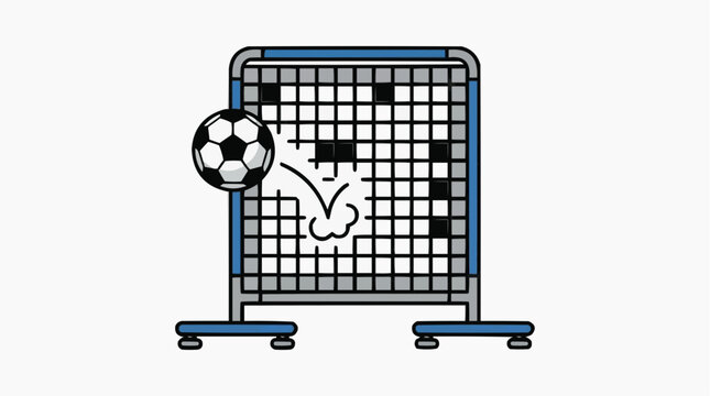 Soccer Rebounder Training: A black and white soccer ball bounces off a blue and white rebounder net, illustrating a practice drill for skill development.