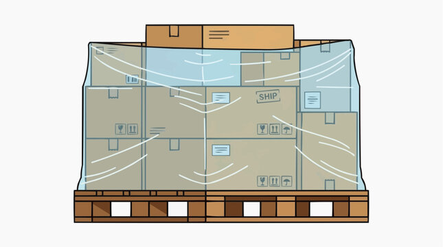 Pallet with Boxes Wrapped in Plastic Wrap: A securely wrapped pallet loaded with multiple cardboard boxes, ready for shipping and storage.