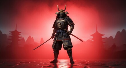 Fototapeta premium Samurai warrior standing in dramatic red mist with sword at sunset battle scene