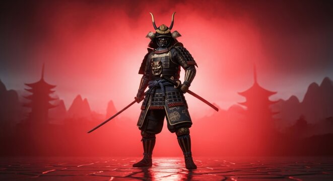 Samurai warrior standing in dramatic red mist with sword at sunset battle scene