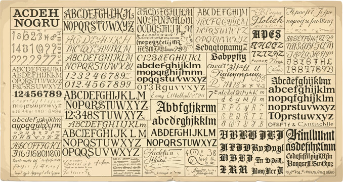 Vintage typography collection on aged paper, antique alphabet sets and calligraphy scripts, retro blackletter and serif font specimens, vector illustration