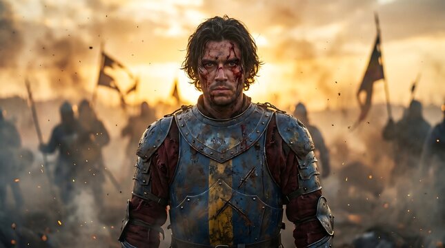 Distant view of wounded medieval knight in bloodied armor standing amidst chaotic battlefield with flags waving and soldiers clashing under dramatic sunset sky with embers