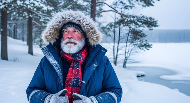 Elderly man with white beard and fur-lined hood enjoying a winter wonderland with snow-covered trees and a frozen lake