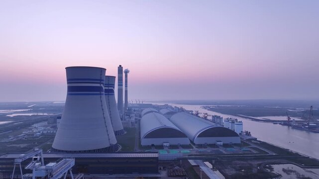 Aerial view of industrial cooling towers and factory buildings at dawn with smoke stacks and power plant infrastructure