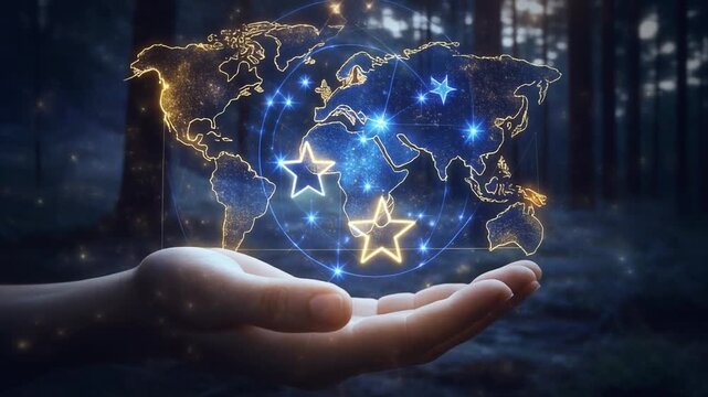 Light From the Unknown - Hand Holding Glowing World Map with Stars in Dark Forest