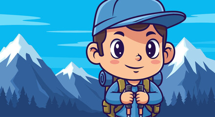 Cartoon boy with hiking backpack smiling.