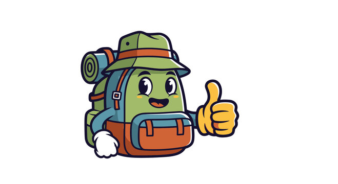 Cartoon backpack character with hat.