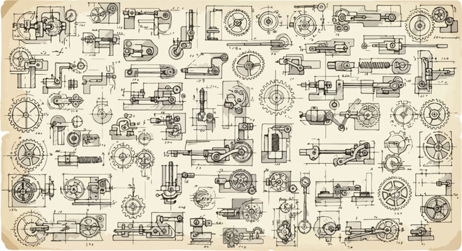 Vintage technical blueprint of mechanical gears and machinery parts, antique engineering schematic on aged paper, retro industrial vector illustration