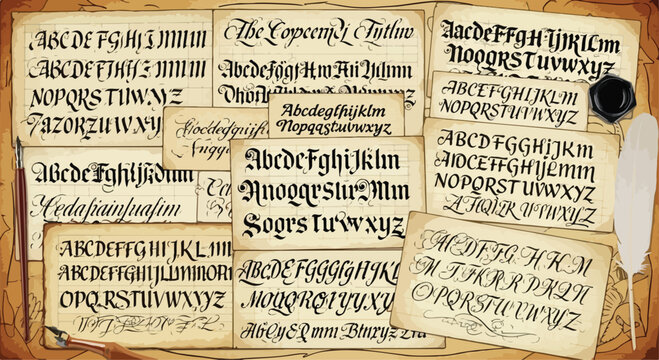 Vintage gothic calligraphy alphabet collection, medieval script lettering on aged parchment paper, antique ink handwriting set with quill and wax seal