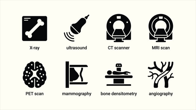 Medical imaging and diagnostic radiology solid black glyph icon set vector