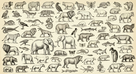Vintage wildlife illustration set, antique animal sketches on aged paper, large collection of hand drawn zoo and safari animals vector © Allah k hwaly