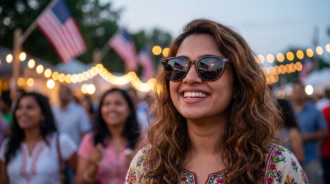 Smiling young woman with wavy hair wearing stylish dark sunglasses at busy outdoor summer festival with American flags and glowing string lights in blurred background