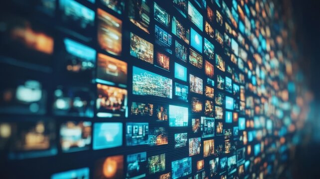 Digital display wall of multiple video screens showing global information feeds and media broadcasting technology mosaic background.