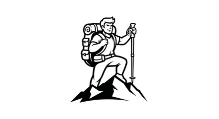 Fototapeta premium Male Hiker with Backpack and Trekking Pole on Mountain Peak.