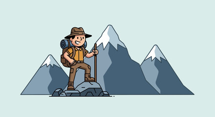 Adventurous hiker stands proudly on a rock with a hiking pole. © siti