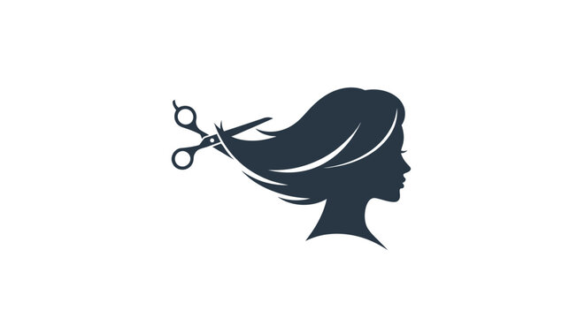 Minimalist hair salon logo silhouette with scissors cutting woman hair