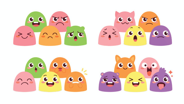 Kawaii blob emoji characters set, cute colorful monster faces with various expressions, funny cartoon mascot icons for social media and apps