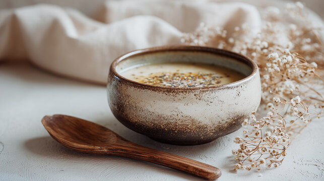 Homemade vegetable soup in ceramic bowl with herbs